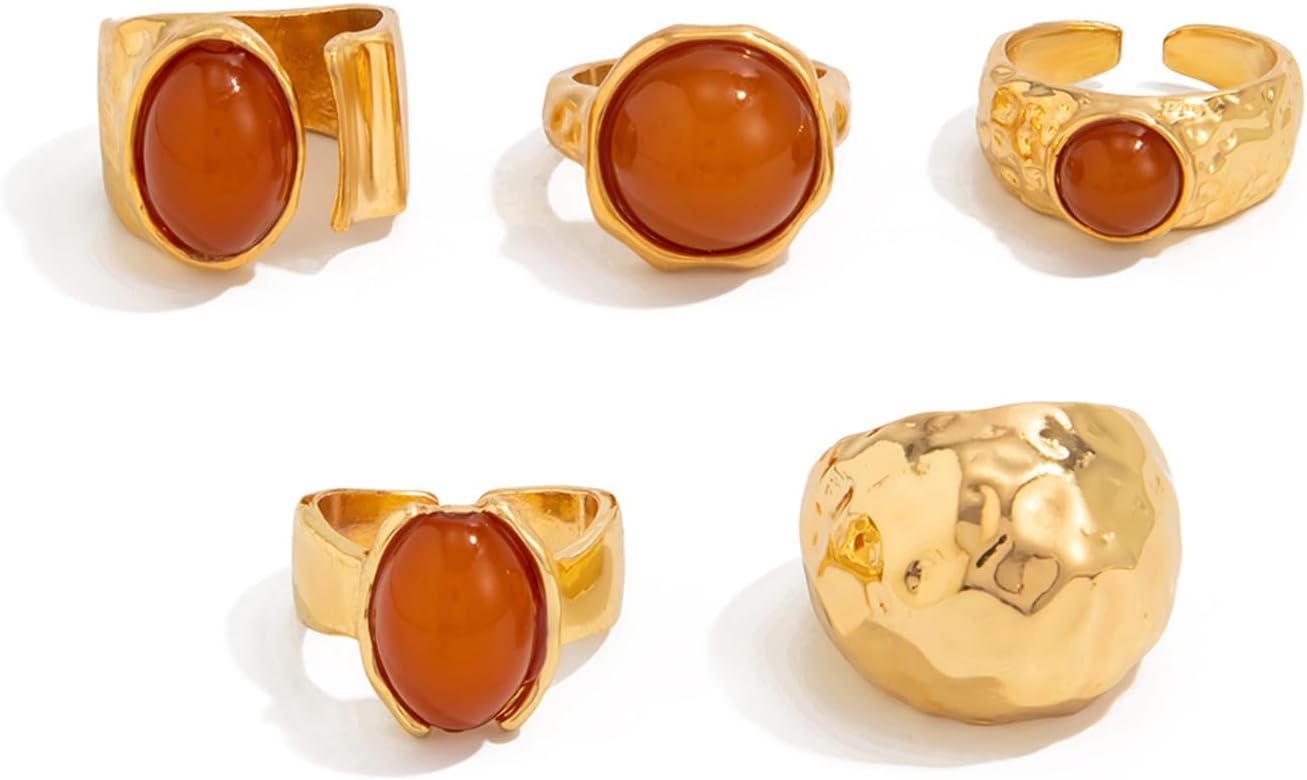 Chunky Gold And Red Stone Rings Set for Women Non Tarnish Thick Big Statement Adjustable Exaggerated Fake Gemstone Knuckle Ring Pack Western Costume Jewelry