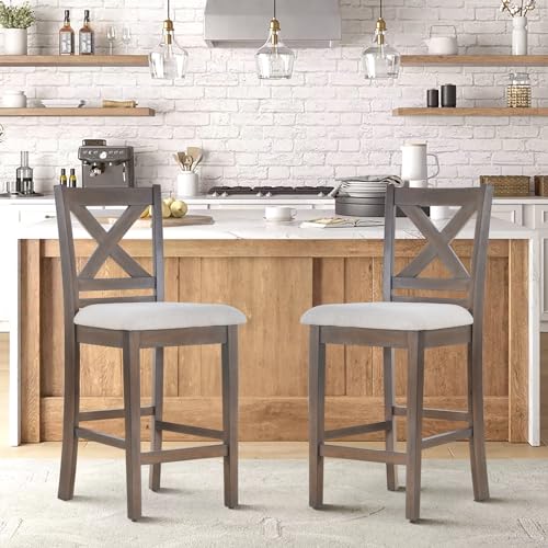 Image of COLAMY Wooden Bar Stools Set of 2, Counter Height Bar Stools, Mid Century Modern Bar Stools with Backs, 25 Inch Upholstered Fabric Wooden Barstools for Kitchen Island Dining Room Bar, Light Brown Wash