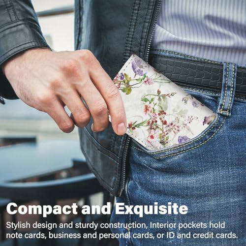 Image of Business Card Holder，PU Leather Business Card Case Color Printing Pattern Card Holder Wallet，Pockets Magnetic Credit Card Holders for Men and Women - White Flowers