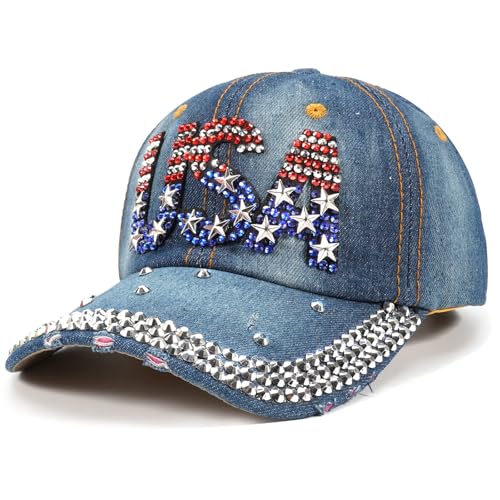 Image of American Flag Caps USA Baseball Caps Bling Sparkle Independence Day 4th of July Hats Adjustable Cotton Stars Stripes Ball Cap