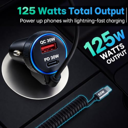 Image of Fire Turtle 125W Triple Output Fast Car Charger with 65W Type-C Cable, 30W Type-C PD, 30W QC USB Port, Compatible with Laptop, iPhone & Android Smartphone (Spring Cable Car Charger)