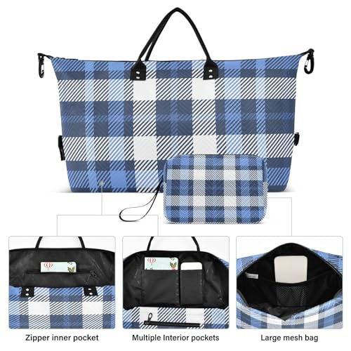 Bolaz Duffle Bag for Travel-Navy Blue Plaid Check，Weekender Overnight Bag with Wet Pocket for Women，Large Carry On Airport Bag with Toiletry Bag for Travel, Business Trips, Sports2
