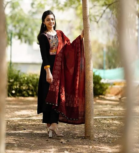 Image of ANNI Designer Women's Rayon Viscose Straight Kurta Set with Pant and Dupatta | Stylish Long Kurti Dress for Festive, Party, and Ethnic Wear