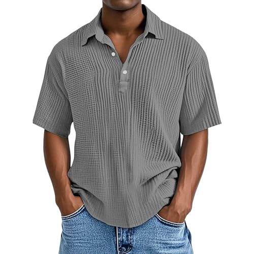 Camisetas para hombre adulto de manga corta ajustadas, ajuste regular, elástico, atlético, gimnasio, sin botones, tácticas, gris, L