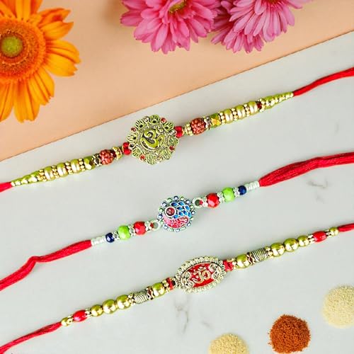Image of Traditional Premium Rakhi Combo for Brother Special - Celebrate The Eternal Sibling Bond |3 Assorted Rakhis| Kundan Rakhi | Raksha Bhandhan | Free Roli Chawal | PoPo Toys