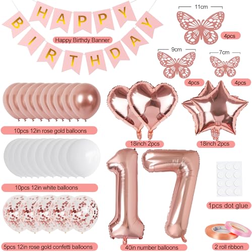Image of Rose Gold 17th Birthday Decorations for Girl, 17 Year Old Sign with Happy Birthday Banner, 40In Number 17 Foil Birthday Balloons, Butterfly Decorations, Heart and Star Balloons