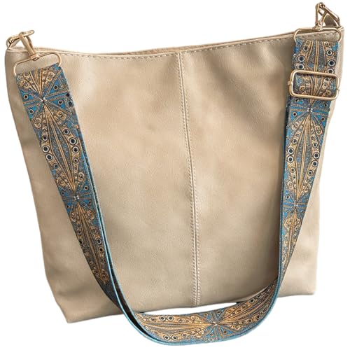 CALFOVERA Bolso Bandolera de Piel Sintética Vegana para Mujer, Color Caqui, Estilo Hobo, con Correa Ancha para Guitarra Y Cremallera, Ideal para IR de Compras, Viajar, Uso Diario, Etc.