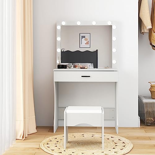 Image of Vanity Desk with Mirror and Adjustable Lights, One Drawer Storage Makeup Table with Stool - Vanity Set for Bedroom (White)