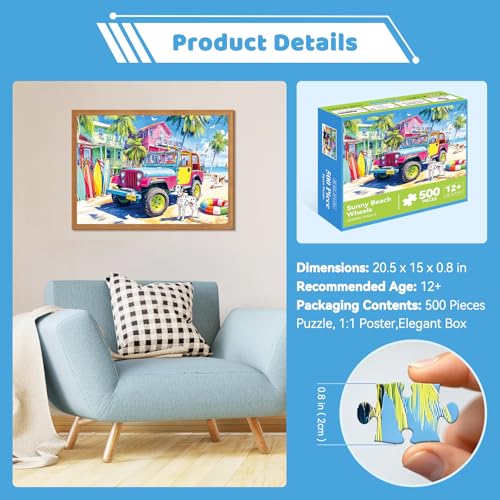 Rompecabezas de 500 piezas para adultos – Escena tropical de playa con jeep colorido, tablas de surf y isla, perro dálmata, paisaje costero veraniego, 51,8 x 38,1 cm miniatura 6