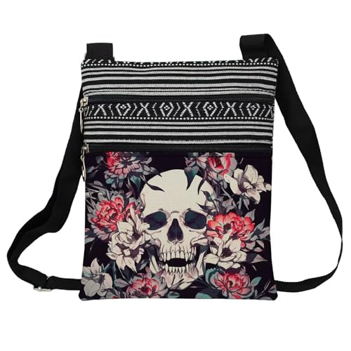 Floral Skull Messenger Bag Small Ethnic Pattern Printed Adjustable Strap Crossbody Zipper Pouch Floral Skull Phone Organizer Wallet Cute Shoulder Handbag for Women
