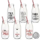 Zubebe 6 Pcs 8oz Christmas Milk for Santa Glass Milk Bottle with Lids Straws Xmas Reusable Milk Glass Holiday Gift for Christmas Kids Family Friends
