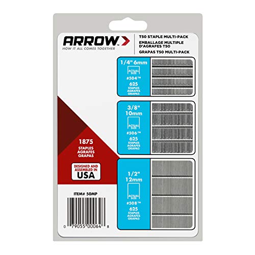 Arrow 50Mp Heavy Duty T50 Staples Multipack, For Upholstery, Crafts, General Repairs, Includes 1/4-Inch, 3/8-Inch And 1/2-Inch Sizes, 3/8-Inch Crown Size,1875-Pack #TOP3