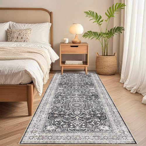 Runner Rug Kitchen Washable Rugs: 3x10 Non-Slip Boho Vintage Distressed Stain Resistant Indoor Floor Moody Oriental Throw Carpet for Hallway Bathroom Laundry Room Entryway Bedroom- Black