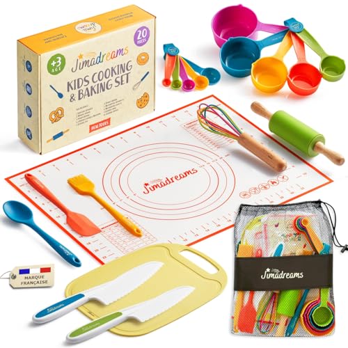 Jimadreams® Kinder Backset mit Kindermesser - Echte Montessori Küchenutensilien und Schneideset für Kinder - Küchenset mit Messbecher-Set zum Kochen und Backen mit Kindern ab 3 Jahre, BPA-frei Kochset