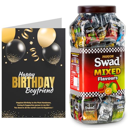Image of Swad Happy Birthday Boy friend Gift with Card (Swad Mixed Flavours Candy 200 Jar & 1 Greeting card) 2 units