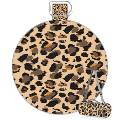 Shimoshe Animal Leopard Print Picnic Outdoor Blanket Foldable Waterproof Sandproof Beach Blanket Portable Water-Resistant Round Picnic Mat for Travel Camping Park Lawn