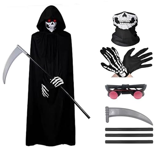 ELINA Disfraz Grim Reaper,con Guadaña de la Muerte y Guantes Gafas Brillantes y Máscara,Capa Negra con Capucha Halloween Carnival Sensemann Cosplay Disfraz | Ya disponible en tu tienda friki favorita! En mundofriki.es! ELINA Disfraz Grim Reaper,con Guadaña de la Muerte y Guantes Gafas Brillantes y Máscara,Capa Negra con Capucha Halloween Carnival Sensemann Cosplay Disfraz | Ya disponible en tu tienda friki favorita! En mundofriki.es!