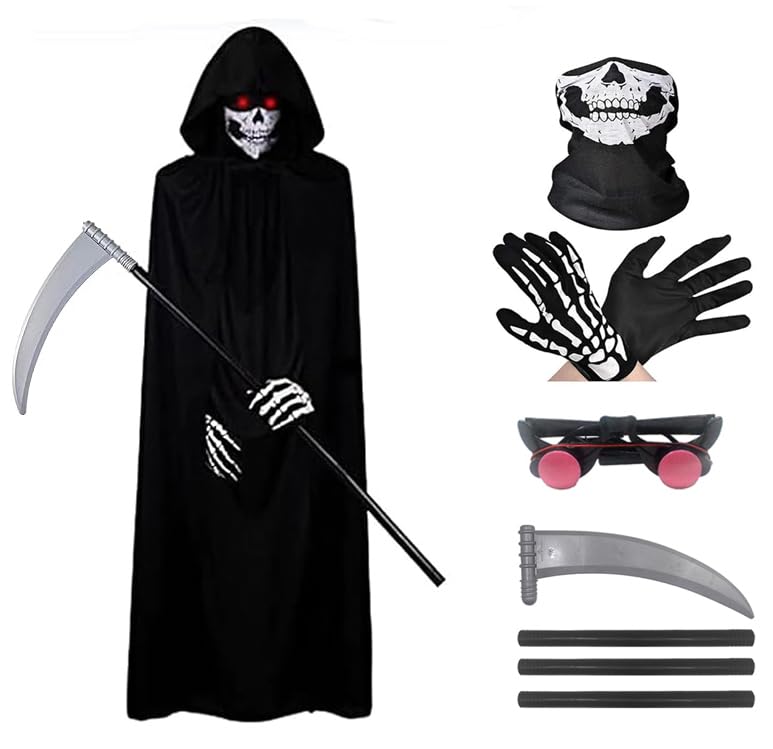 ELINA Costume Cape de Cosplay de Carnaval d'Halloween de Faucheuse-avec Faux de la Mort,Gants Squelette,des Lunettes Lumineuses et un Masque Squelette Moyen (145 cm à 160 cm)