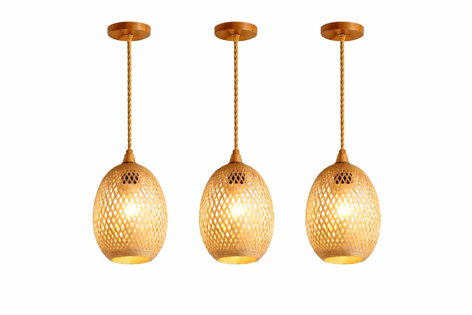 Handcrafted Bamboo Pendant Lights with 3 LED Bulbs, Natural Beige, Set of 3, Woven Design, 15cm Diameter, Ceiling Mount, Warm White Lighting, Scandinavian Modern Style-image-22