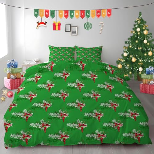 布団カバー ダブル クリスマス|マイクロファイバー 掛け布団カバー 190x210 +枕カバー 2枚 3点セット|吸汗速乾・防静電気・洗濯耐久|肌ざわり最高 ヒイラギ なプリントデザイン PH82