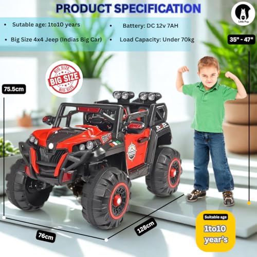 Image of Little Pup Battery Operated 4x4 Big Size 12V Battery Ride On Truck, Jeep for Kids Drive 2 to 10 Years | Motor for Steering | Remote Control | Suspensions | Jumbo Driving Car