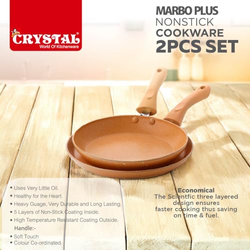 Image of Crystal Marbo Plus Induction Bottom 2 Pc Nonstick cookware Set | Tawa 250 mm + Fry Pan 225 mm | Thickness: 3mm | 5 Layer Coating | Metal Spoon Friendly | Colour - Sandalwood