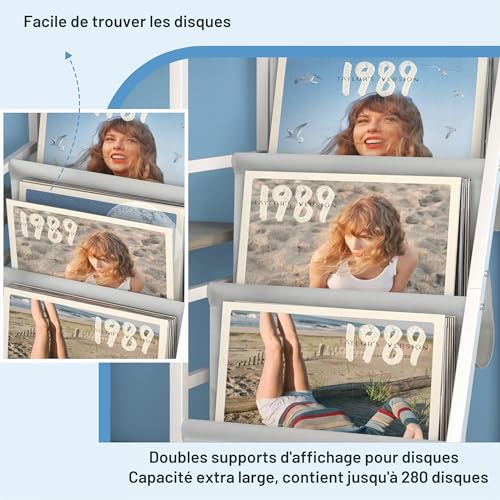 Support tourne-disque et meuble platine vinyle blanc avec porte-CD - 7