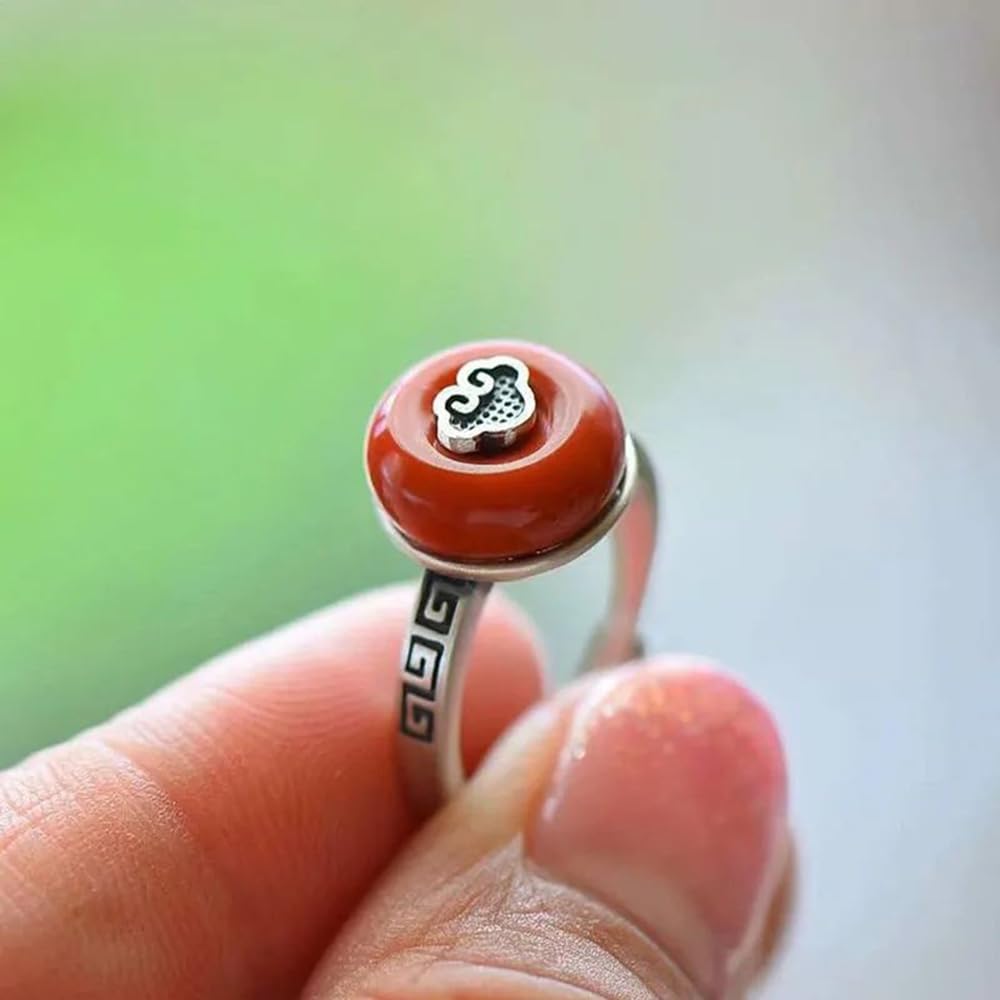 HMJGDHX S925 Silber mit natürlicher jaderoter Ping-An-Schnalle, verheißungsvoller Wolkenring (Öffnung verstellbar) für Damen, echt