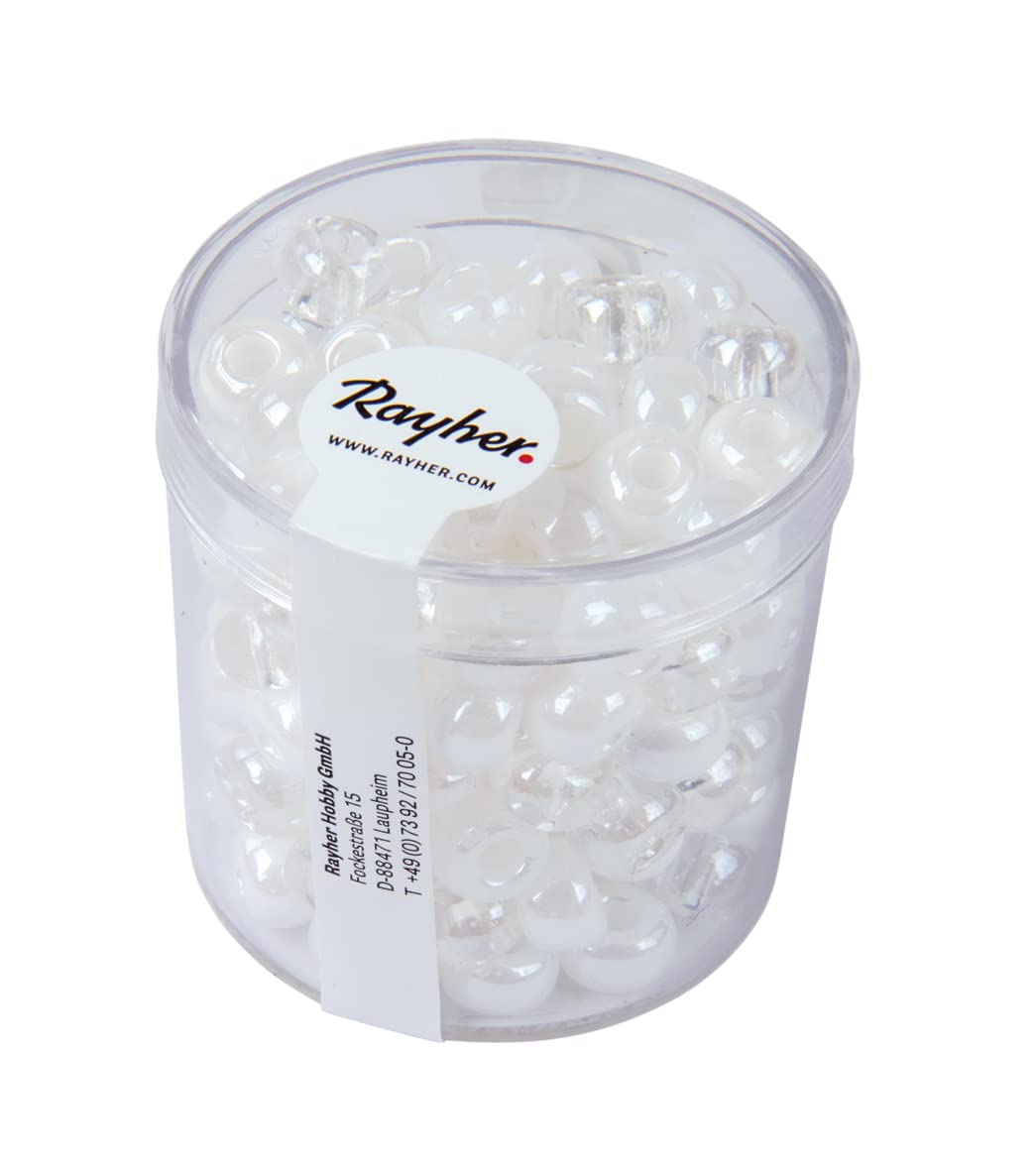 Rayher Large Hole Glass Beads for Jewellery Making and Crafting, White Glass Beads Large Hole, Bead Diameter 6.7mm, Hole Size 2.5mm, 55g, 14872102