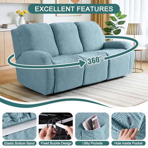 Image of Ruaozz Recliner Couch Covers 3 Pieces Sofa Recliner Covers with Pockets Stretch Reclining Slipcover Washable Furniture Protector with Elastic Bottom (3 Seater, Light Blue)