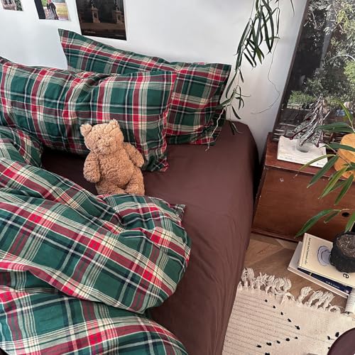 Image of mixinni Vintage Green Buffalo Plaid Washed Cotton Duvet Cover Full - Soft Breathable Textured Bedding Set with Zipper Closure for All Seasons-1 Duvet Cover + 2 Pillow Shams-Full Size