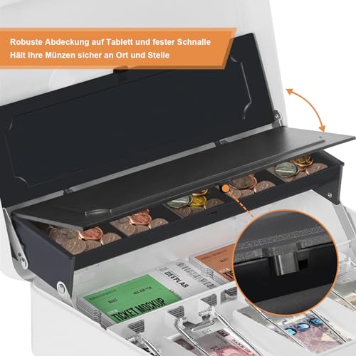 HAITRAL Geldkassette abschließbar, Banknoten und Münzsafe, Geldkasse aus Metall, Tragbare große Geldkassette mit 2 Schlüsseln - B 30 x T 24 x H 9 cm, Weiß