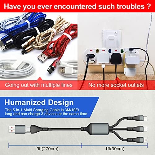 100W USB C Multi Charging Cable 3M/10Ft [Apple MFi Certified]5-in-1 USB A/USB C to Micro USB+Lightning+Type C Fast Charging Cable, Nylon Braided Multi Charger Cable for Android/iPhone/Laptop/iOS/i Pad