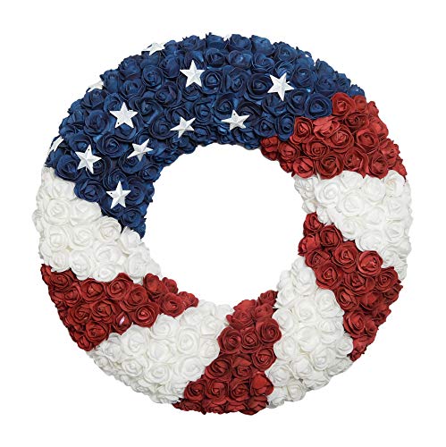 ranspac Silk Rose Americana Wreath, Patriotic Wreath 21 Inch Diameter, Roses and Stars