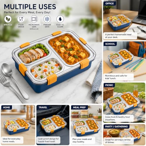 Image of Misamo Enterprise Stainless Steel Lunch Box for Kids & Adults, 3 Compartment Lunch Box, Leak Resistant Food Grade Tiffin Box with Spoon & Fork, BPA Free (Blue)
