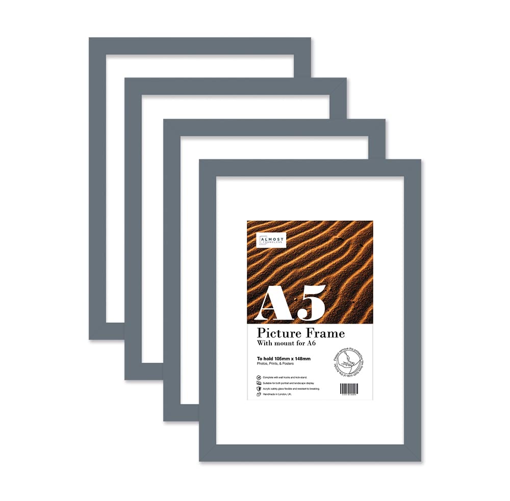 Almost Frameless A5 Grey Picture Frame Set of 4, Display A6 Pictures with Mount or A5 Without Mount Gallery Wall, Poster, Photo, Artwork, or Print, Grey
