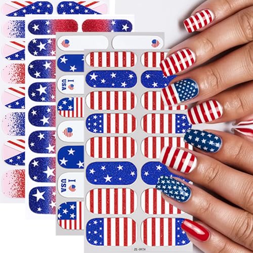 Independence Day Full Nail Wraps Gel Nail Strips 4Sheets 3D American Flag Design 4th July Full Cover Nails Wraps Stickers Star Self Adhesive Nails Polish Strips Stickers for Women Nail Art Decorations