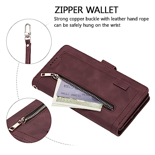EYZUTAK Wallet Phone Case for Samsung Galaxy A56 5G, Retro Matte 9 Card Holder Slots Zipper Pocket Case PU Leather Magnetic Closure Kickstand with Wrist Strap Folio Flip Case - Wine Red - Image 5