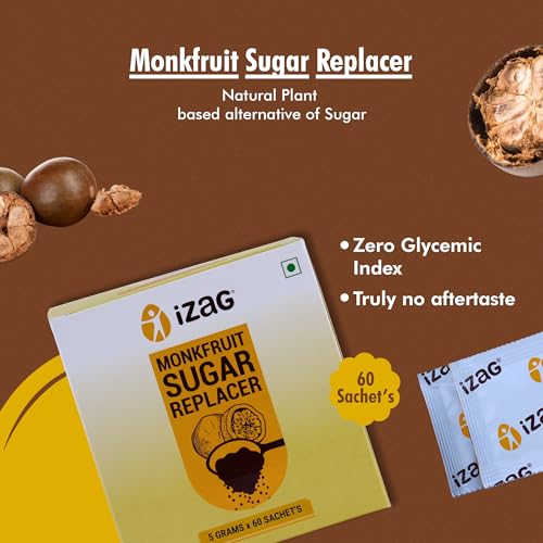 Image of iZaG Monk Fruit Natural & Sugar Replacer (300 Grams) | Zero Calorie Sugar Alternative | Keto & Diabetic Friendly | 1:1 Sugar Replacement | 60 Pre-Measured Sachets (5g Each) | For Tea, Coffee, Cooking & Baking