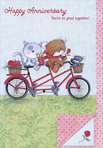 Designer Greetings Kitten and Bear Riding Red Bicycle Die Cut Scalloped Edge Anniversary Congratulations Card for Couple