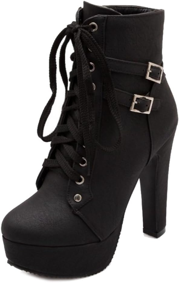 Fashion Women Lace-up Platform Boots High Block Heel Ankle Booties
