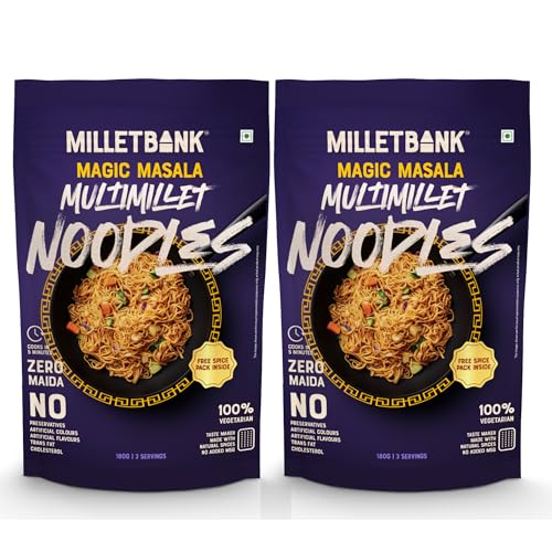Image of Millet Bank Multigrain Magic Masal Hakka Noodles|Made with 9 Millets & Whole Wheat|Healthy Indian Masala Blend Gluten Free | Pack of 2 (180 g Each)