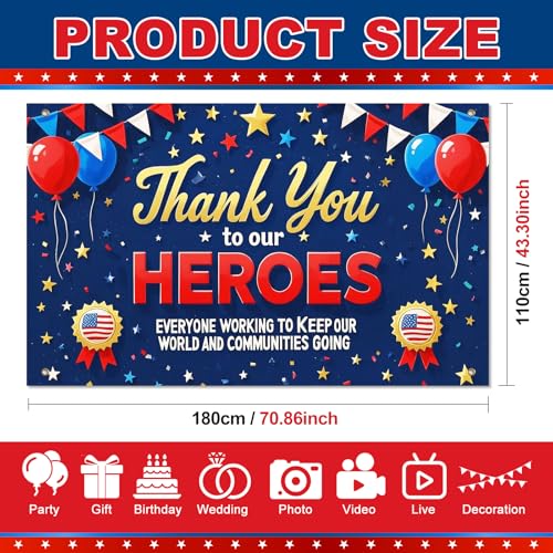 Image of BlissYard Thank You to Our Heroes Banner 71 x 43 Inch 4th of July Decorations Patriotic Happy Veterans Day Outdoor Decorations Veterans Day Photography Background Sign Memorial Day Decor Banner