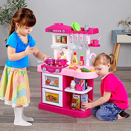Temi Kitchen Playset Pretend Food - 34 PCS Kitchen Toys for Toddlers, Toy Accessories Set w/ Real Sounds and Light, Suitable Height (Pink)