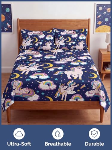 Image of Kids Queen Magic Unicorns Bed Sheets - 4 Piece Magic Unicorns Sheet Set | Magic Unicorns Themed Bedding, Ultra-Soft, Cute & Cozy, Breathable & Machine Washable, Bed Set for Boys, Girls & Teens, Comfy