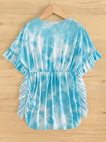 Image of Milumia Girl's Tie Dye Mesh Sheer Ruffle Coverups Beach Swimsuit Cover Up Ruffle Trim Blue 10 Years