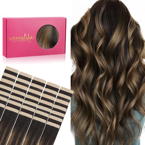 Image of WENNALIFE Tape in Hair Extensions Human Hair, 40pcs 100g 22 inch Balayage Dark Brown Mixed Chestnut Brown Hair Extensions Real Human Hair Straight Tape in Extensions Invisible Human Hair Extensions