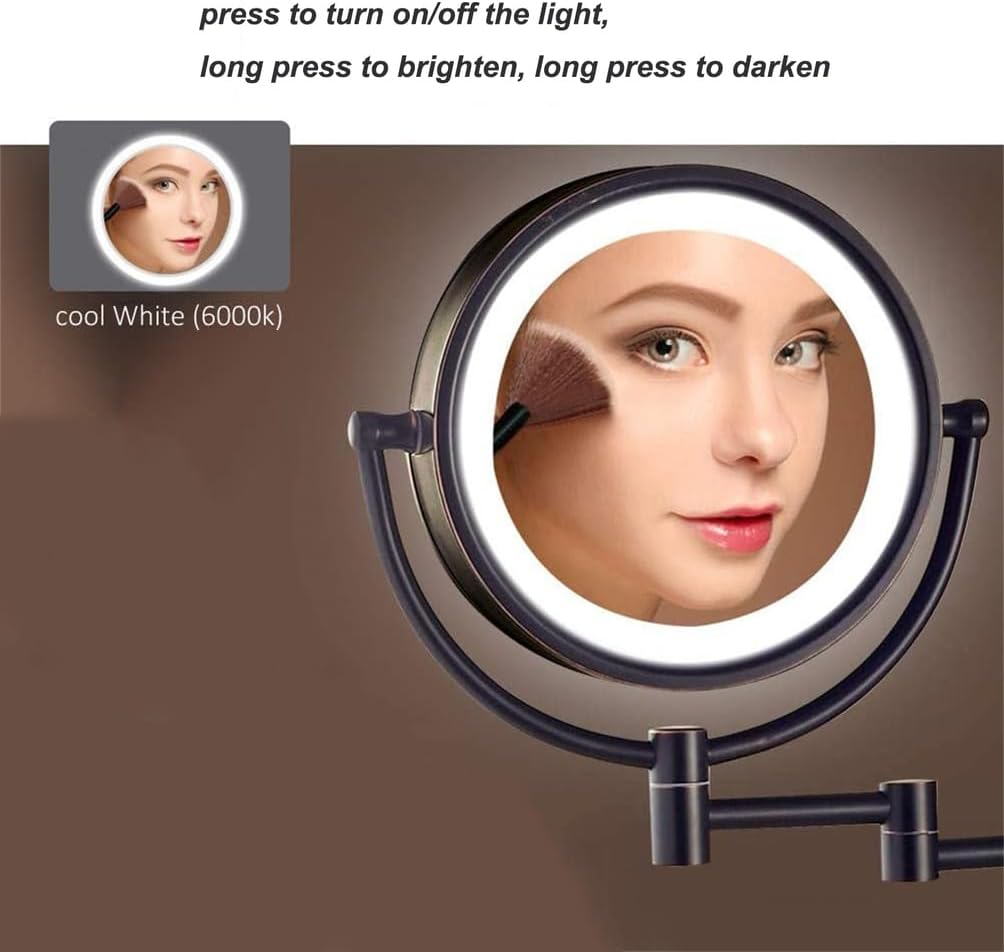 Touch Dimmable LED Makeup Mirror with Lights and 1X/10X Magnification, Lighted Double Sided Shaving Mirror Bathroom Wall Mounted Extendable Vanity Mirror,Gold,Plug in