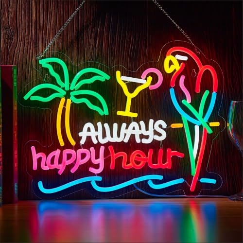 Image of Always Happy Hour Neon Sign for Wall Decor,Parrot Bar LED Light Up Dimmable Signs Compatible with Timer for Pub Party Man Cave Room Restaurant Business Party Art Decor Gift