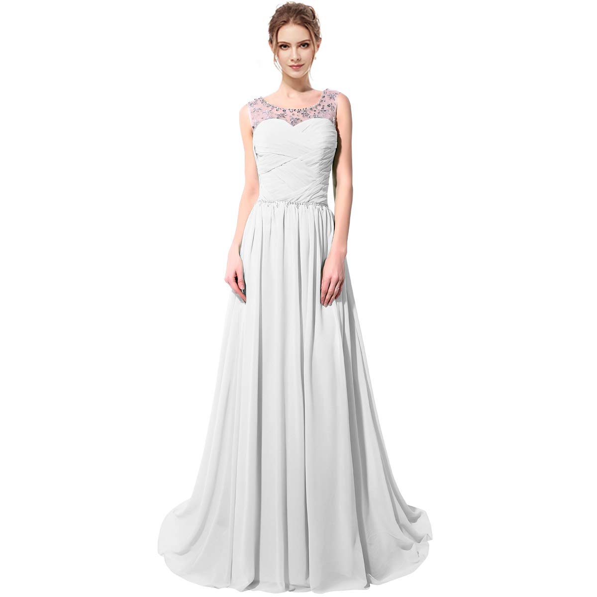 SarahbridalWomen's Chiffon Prom Evening Dresses Long 2020 Beaded Crsystal Bridesmaid Gowns White US2